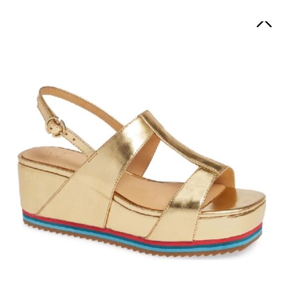 Anthropologie 8 Gold Sandals Bill Blass Ursula Metallic Leather Wedge Platform - Picture 1 of 11